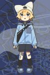  1boy abstract_background absurdres animal_hat bag bandaid bandaid_on_knee bandaid_on_leg blonde_hair blue_eyes blue_jacket blue_shorts blush breast_pocket cat_hat commentary crossbody_bag double-parted_bangs full_body hat highres hood hooded_jacket jacket leg_warmers luan_(umiko_zzz) original pocket shoes shorts sneakers solo umiko_zzz untranslatable_commentary 