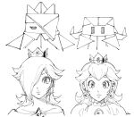  1boy 3girls artist_name bare_shoulders brooch brother_and_sister closed_mouth commentary crown dress dusa earrings eyelashes hair_over_one_eye highres jewelry king_olly looking_at_viewer mario_(series) monochrome multiple_girls off-shoulder_dress off_shoulder olivia_(paper_mario) paper_mario paper_mario:_the_origami_king princess_peach rosalina siblings signature smile sphere_earrings star_(symbol) star_brooch star_earrings trait_connection untranslatable_commentary upper_body 