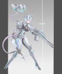  1girl absurdres assault_rifle blue_eyes breasts commentary_request covered_navel covered_nipples cyborg drawing_gun full_body grey_background gun handgun high_heels highres holding holding_gun holding_weapon holster joints kongtiao_cheng_tai_lang large_breasts latex mecha_musume original rifle robot_joints short_hair solo tail thigh_holster variant_set very_short_hair weapon white_hair 