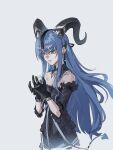  1girl absurdres arknights ash0ne bang_dream! bang_dream!_it's_mygo!!!!! bare_shoulders black_dress black_gloves black_horns black_ribbon black_sleeves blue_hair bubble commentary_request demon_tail detached_collar detached_sleeves dress ear_piercing gloves hair_ribbon headpiece highres holding horns long_hair piercing ribbon solo tail togawa_sakiko togawa_sakiko_(master_of_melodia) white_background yellow_eyes 