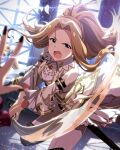  2girls black_nails blurry blurry_foreground breasts brown_hair card_commentary commentary_request curtained_hair day fingernails floating_hair game_asset green_eyes hairband holding holding_sword holding_weapon idolmaster idolmaster_million_live! idolmaster_million_live!_theater_days indoors jacket long_hair long_sleeves multiple_girls nail_polish nikaido_chizuru official_art open_mouth pants ponytail pov pov_hands slashing sword third-party_source v-shaped_eyebrows weapon white_hairband white_jacket white_pants 