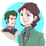  1boy 1girl absurdres aged_up aobito_sukoyaka_bystander black_jacket blue_eyes bright_noa brown_eyes brown_hair closed_mouth collar collared_sweater commentary_request earth_federation green_hair green_jacket gundam gundam:_hathaway's_flash highres jacket jewelry lips looking_at_viewer military_jacket mirai_yashima necklace red_collar red_trim simple_background smile wrinkled_skin 