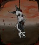  5_fingers anthro bandage bandaged_leg blurred_background branch clothing death felid feline fingers flower fur gore grey_body grey_fur hair hanged hanging_from_branch humanoid inner_ear_fluff long_ears long_hair male malevolentfluff mammal messy_hair petals plant red_sky rope rose_(flower) rose_petals shaded simple_background simple_shading sky solo suicide thorns tuft white_hair wound_on_arm wounded 