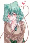  1girl :d bob_cut breasts brown_sweater cleavage collared_shirt commentary_request fang green_hair green_skirt gyaru gyaru_bulbasaur hezi_(measukivov) highres large_breasts looking_at_viewer open_mouth personification pokemon red_eyes shirt simple_background skin_fang skirt smile solo sweater upper_body white_background white_shirt 