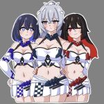  3girls black_hair blue_eyes blue_hair blush breasts bronya_zaychik bronya_zaychik_(cosplay) bronya_zaychik_(maximum_velocity) bronya_zaychik_(silverwing:_n-ex) cleavage commentary_request cosplay dual_persona grey_background grey_eyes grey_hair hand_on_another's_hip highres honkai_(series) honkai_impact_3rd large_breasts medium_breasts midriff miniskirt mokkyo_(motkyo) multicolored_hair multiple_girls navel official_alternate_costume race_queen red_eyes red_hair seele_(alter_ego) seele_vollerei seele_vollerei_(starchasm_nyx) seele_vollerei_(wings_of_panacea) simple_background skirt tank_top thighs two-tone_hair white_skirt white_tank_top yuri 
