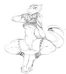  2021 anthro breasts clothing female genitals guoh looking_at_viewer monochrome navel pussy scalie simple_background sitting sketch solo topwear under_boob white_background 