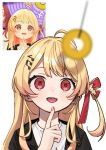  1girl ahoge black_jacket blonde_hair commentary_request eighth_note hair_ornament hair_ribbon highres hololive hololive_dev_is jacket long_hair musical_note musical_note_hair_ornament one_side_up open_mouth otonose_kanade red_eyes red_ribbon reference_inset ribbon shirt simple_background solo teeth upper_teeth_only virtual_youtuber white_background white_shirt yomogisan_comet 