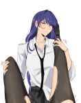  2girls artist_name black_necktie black_pantyhose collared_shirt commentary english_commentary female_pov genshin_impact highres lipstick_mark lipstick_mark_on_face lipstick_mark_on_neck long_hair multiple_girls necktie pantyhose pov purple_eyes purple_hair raiden_shogun seijousai shirt torn_clothes torn_pantyhose very_long_hair white_shirt yae_miko yuri 