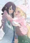  2girls absurdres backlighting beanie black_hair blonde_hair blush cho_kaguya-hime! commentary_request fushi_(cho_kaguya-hime!) green_eyes hat highres holding_hands interlocked_fingers kaguya_(cho_kaguya-hime!) long_hair long_sleeves mole mole_under_eye multiple_girls one_eye_closed open_mouth pink_hat pom_pom_(clothes) pom_pom_beanie red_eyes sakayori_iroha scarf shared_clothes shared_scarf smile snow snowing traum twitter_username utility_pole very_long_hair winter yuri 