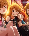  4girls ahoge black_pantyhose black_shirt blush bracelet brown_hair card_commentary closed_eyes collarbone commentary_request game_asset hand_up idolmaster idolmaster_million_live! idolmaster_million_live!_theater_days jewelry kousaka_umi long_hair miyao_miya multiple_girls official_art ogami_tamaki one_eye_closed open_mouth outdoors pantyhose purple_eyes railing shirt sitting sunset third-party_source tokoro_megumi 