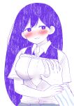  1boy 1girl :d \||/ alternate_breast_size_(larger) arm_at_side aroused bare_arms blue_shirt blush breasts bright_pupils cleavage clothes_lift collared_shirt colored_skin commentary_request covered_nipples denim double-parted_bangs fingernails grabbing_another's_breast grey_pants grin groping guided_breast_grab guiding_hand hair_behind_ear hair_between_eyes half-closed_eyes hand_on_another's_wrist hero_(headspace)_(omori) hero_(omori) hetero highres holding_another's_wrist jeans long_hair long_sleeves looking_at_viewer mari_(headspace)_(omori) mari_(omori) medium_breasts nose_blush omori open_collar pants paper_texture partially_unbuttoned pokoponpen pov pov_hands purple_eyes purple_hair purple_sweater_vest shirt short_sleeves simple_background smile solo_focus straight_hair striped_clothes striped_shirt sweat sweater_vest sweater_vest_lift two-tone_shirt upper_body vertical-striped_clothes vertical-striped_shirt very_long_hair white_background white_pupils white_shirt white_skin 