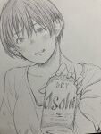  1girl blush can commentary_request drink_can greyscale hand_up highres holding holding_can incoming_drink monochrome original parted_lips pen_(medium) photo_(medium) shirt short_hair sketch smile solo straight_hair traditional_media upper_body very_short_hair wispy_bangs yoshimizm 