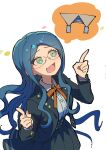  1girl :d absurdres black_jacket blue_hair collared_shirt commentary_request danganronpa_(series) danganronpa_v3:_killing_harmony dress_shirt glasses grey_shirt highres jacket long_hair long_sleeves neck_ribbon open_clothes open_jacket open_mouth orange_ribbon pleated_skirt pointing pointing_up ribbon shirogane_tsumugi shirt skirt smile white_shirt youko-shima 