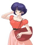  1990s_(style) 1girl bag blue_hair brown_eyes closed_mouth collarbone english_commentary eyeshadow faux_retro_artstyle hand_in_own_hair highres makeup pale_skin pink_lips pink_shirt pink_skirt red_bag red_eyeshadow retro_artstyle shirt short_hair skirt smile solo tendou_akane transparent_background 