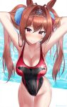  1girl animal_ears armpits arms_behind_head arms_up bangs bare_shoulders blush breasts brown_hair cleavage collarbone competition_swimsuit daiwa_scarlet_(umamusume) hair_intakes highres horse_ears horse_girl large_breasts long_hair looking_at_viewer one-piece_swimsuit red_eyes shirosaba smile swimsuit thighs tiara twintails umamusume very_long_hair 