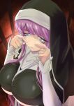  1girl absurdres between_breasts black_dress blue_eyes breasts coif commentary_request cross cross_facial_mark dress facial_mark hair_between_eyes highres large_breasts light_particles long_hair long_sleeves looking_at_viewer mahou_shoujo_ni_akogarete nun nun_headdress parted_lips pink_hair procreate_(medium) sidelocks sister_gigant solo star_(symbol) star_facial_mark star_tattoo tattoo tetsuo0821 underboob very_long_hair 