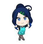  1girl aqua_hoodie black_hair blue_eyes blue_hair chibi chibi_only commentary_request cowlick fake_liko_(pokemon) green_hair_ornament hair_ornament hairclip highres hood hooded_vest hoodie loose_hair_strand mature_female pantyhose pantyhose_under_shorts pokemon pokemon_(anime) pokemon_horizons shorts sidelocks smile solo swept_bangs tsu1012-1-2-3-4 tsurime undershirt updo vest white_shorts 