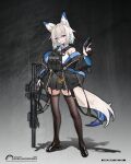  1girl absurdres animal_ear_fluff animal_ears assault_rifle bare_shoulders black_jacket black_skirt black_thighhighs blue_eyes blue_hair blue_necktie breasts bulletproof_vest commentary_request fox_ears fox_girl fox_tail gun handgun highres holding holding_gun holding_weapon jacket looking_at_viewer magazine_(object) necktie original porcelainsphere rifle scope shoes skirt small_breasts solo standing tail thighhighs weapon white_hair 