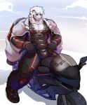  1boy abs animal_ears arknights bara black_bodysuit black_gloves black_shoes bluebeary_sed bodysuit closed_mouth commentary cross_scar english_commentary furry furry_male gloves highres jacket jacket_on_shoulders looking_down male_focus motor_vehicle motorcycle mountain_(arknights) mountain_(hardcore_rider)_(arknights) multiple_scars muscular muscular_male on_motorcycle open_bodysuit open_clothes pectorals scar scar_across_eye scar_on_cheek scar_on_chest scar_on_face shoes sitting tiger_boy tiger_ears tiger_stripes white_jacket 