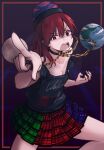  1girl absurdres black_choker black_shirt border breasts chain choker cleavage clothes_writing commentary_request earth_(ornament) gold_chain green_skirt hecatia_lapislazuli highres long_hair looking_at_viewer m1saki_1 moon_(ornament) multicolored_skirt off-shoulder_shirt off_shoulder open_mouth outside_border pointing pointing_at_viewer purple_skirt red_border red_eyes red_hair red_pupils red_skirt shirt skirt small_breasts solo t-shirt teeth touhou underworld_(ornament) upper_teeth_only 