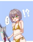  !? 1girl bikini blush breasts brown_hair commentary_request gold_bikini green_eyes groin hair_ornament hairclip haruka_(starward) highres kurikato navel open_mouth ribs short_hair small_breasts solo staff starward swimsuit teardrop tears 