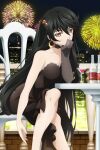  1girl artist_request black_dress black_hair breasts building chair choker cleavage collarbone covering_own_mouth crescent crescent_earrings crossed_legs dress earrings feet_out_of_frame fireworks game_asset gloves grey_choker grey_gloves hair_between_eyes hair_ornament hand_over_own_mouth jewelry lace-trimmed_choker lace_trim leaning_forward long_hair looking_at_viewer medium_breasts night official_alternate_costume official_alternate_hairstyle official_art on_chair single_glove sitting solo strapless strapless_dress tales_of_(series) tales_of_berseria tales_of_link third-party_source velvet_crowe velvet_crowe_(formal_dress) very_long_hair yellow_eyes 