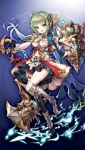  1girl ahoge armor asymmetrical_legwear axe black_skirt black_thighhighs blue_background blue_ribbon blue_skirt breasts charlotte_barhitte_(grimms_notes) charlotte_barhitte_(tenkuu)_(grimms_notes) floating_hair game_asset gauntlets green_eyes green_hair grimms_notes hair_intakes hair_ornament holding holding_axe holding_shield lightning looking_at_viewer low_twintails mismatched_legwear navel nemusuke non-web_source official_art open_mouth pauldrons ribbon shield shoulder_armor single_pauldron skirt smile solo thighhighs twintails 