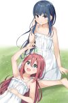  2girls bangs barefoot blue_eyes blue_hair child closed_mouth clover dress eyebrows_visible_through_hair eyes_visible_through_hair grass hair_down hair_ornament hand_in_hair hand_on_own_stomach hands_on_ground highres holding kagamihara_nadeshiko keito4f light_blush lying multiple_girls on_back open_mouth pink_hair purple_eyes shima_rin sitting sitting_on_lap sitting_on_person smile twintails white_dress younger yurucamp 