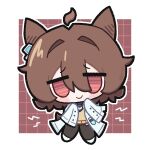  1girl agnes_tachyon_(umamusume) ahoge animal_ears brown_hair chibi commentary earrings hair_between_eyes horse_ears horse_girl horse_tail inerururu jewelry lab_coat long_sleeves necktie red_eyes shirt short_hair short_necktie single_earring sleeves_past_fingers sleeves_past_wrists smile solo sweater sweater_vest tail test_tube umamusume untranslatable_commentary wolf_cut yellow_sweater yellow_sweater_vest 