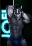  anthro black_body black_fur black_hair blue_clothing blue_eyes blue_underwear bulge checkhoff clothing dark_background equid equine front_view fur hair hands_behind_back hi_res horse joel_breton looking_at_viewer male mammal markings muscular muscular_anthro muscular_male simple_background solo topless_male underwear white_markings 