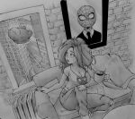 1girl among_us andony_strawhat breasts cleavage crewmate_(among_us) crossover denim falling formal greyscale highres jeans long_hair looking_back marvel mary_jane_watson medium_breasts monochrome pants parody parted_lips photo_(object) radiator redrawn sitting spider-man spider-man_(series) suit superhero torn_clothes torn_jeans torn_pants 