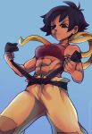  1girl abs absurdres adjusting_belt belt biceps black_belt black_eyes black_hair blue_background breasts choker clenched_hands dougi english_commentary highres joanna_went_bananas karate_gi lips makoto_(street_fighter) medium_breasts muscular muscular_female patches red_sports_bra ribbon ribbon_choker shirtless short_hair solo sports_bra street_fighter street_fighter_iii_(series) tan tomboy yellow_choker yellow_ribbon 