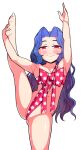  1girl ass_visible_through_thighs blue_eyes bow commentary_request highres inarou_(rakugakiproject) long_hair megido72 naked_ribbon petite red_bow red_eyes red_ribbon ribbon smile solo split standing standing_on_one_leg standing_split very_long_hair vine_(megido72) wavy_hair 