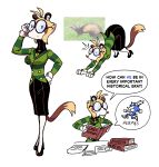  accessory anthro bodily_fluids book bottomwear clothing confusion diegutan english_text eyewear female glasses hi_res librarian long_sleeve_shirt mammal mustelid musteline necktie nervous nervous_sweat paper pocket_protector pockets pose resting_bitch_face simple_background skirt solo sweat text true_musteline wearing_glasses weasel white_background 