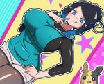  1girl aqua_hoodie black_hair blue_eyes blue_hair breasts commentary_request cowlick fake_liko_(pokemon) green_hair_ornament hair_ornament hairclip highres hood hooded_vest hoodie kotako-san large_breasts loose_hair_strand mature_female morpeko pantyhose pantyhose_under_shorts pokemon pokemon_(anime) pokemon_horizons shorts sidelocks swept_bangs tsurime undershirt updo vest white_shorts 