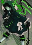  1girl absurdres black_dress black_hair black_leggings black_rock_shooter dead_master dress glasses green_eyes green_horns highres holding holding_scythe horns leggings lunaticlunarian medium_hair pale_skin scythe skeletal_hand skeletal_wings veil wings 