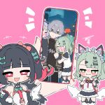  1boy 3girls animal_ear_hairband animal_ears bag bare_shoulders bell black_dress black_hair black_shirt blush bow cat_ear_hairband cat_ears colored_inner_hair commentary_request dress embarrassed fake_animal_ears green_eyes green_hair grey_hair hair_bow hair_ornament hairband hairclip highres holding holding_phone jacket maid maid_headdress momico_co multicolored_hair multiple_girls nangong_yu neck_bell official_alternate_costume open_mouth phone pink_background pink_hair purple_hair red_bag red_eyes shirt short_hair smile smug sunna_(afternoon_tea_break)_(zenless_zone_zero) sunna_(zenless_zone_zero) twintails vivian_banshee white_wings wings wise_(zenless_zone_zero) zenless_zone_zero 
