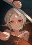  1boy 1girl absurdres cave elf glasses highres indoors looking_at_viewer mushoku_tensei pointy_ears red_eyes reflection rudeus_greyrat short_hair smile sylphiette_(mushoku_tensei) teardrop yabudori 