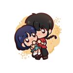  1boy 1girl ball_hands black_hair black_pants black_shoes blue_dress blue_hair braid chibi chibi_only chinese_clothes closed_mouth commission covering_own_mouth dress english_commentary full_body fuurinkan_high_school_uniform hand_over_own_mouth hetero pants ranma_1/2 saotome_ranma saotome_ranma_(male) school_uniform shoes short_hair single_braid smile socks split_mouth tangzhuang tendou_akane white_socks yellow_background 