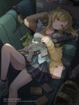  1girl assault_rifle bare_legs blonde_hair bottle bulletproof_vest cellphone commentary_request couch dated english_text gun handgun headphones highres holding holding_weapon howa_type_89 long_hair lying mifune_(_mifune_707) military open_clothes open_mouth original phone rifle school_uniform shade shirt shoes skirt sneakers solo sports_bra striped_clothes striped_skirt water_bottle weapon yellow_eyes yellow_shirt 