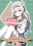  1girl absurdres black_hairband blue_eyes bow brooch cake character_name cherry closed_mouth collarbone english_commentary erushira firefly_(honkai:_star_rail) food fruit geometric_pattern gradient_eyes gradient_hair green_background green_bow green_hair grey_hair hair_ornament hairband highres holding holding_cake holding_food honkai:_star_rail honkai_(series) jewelry legs_together long_hair long_sleeves looking_at_viewer midriff_peek miniskirt multicolored_eyes multicolored_hair pink_eyes plaid_clothes plaid_skirt sailor sailor_collar school_uniform sitting skirt smile solo thighhighs white_thighhighs wing_hair_ornament yellow_eyes 