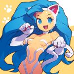  1girl animal_ears big_hair blue_eyes blue_hair cat_ears cat_girl cat_tail choker claws commentary_request fang felicia_(vampire) fur long_hair metata navel paw_pose paw_print revealing_clothes simple_background slit_pupils smile solo tail vampire_(game) very_long_hair white_fur yellow_background 