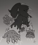  1boy biceps claw_mark claws english_commentary furry furry_male gamertimeartz greyscale highres looking_at_viewer male_focus monochrome muscular muscular_male shoes signature skid_mark sonic_(series) sonic_the_hedgehog sonic_the_werehog sonic_unleashed spiked_shoes spikes werehog 