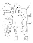  2024 anthro balls biped breasts claws crotch_tuft crt dialogue electronics english_text finger_claws flaccid foreskin gaydottiff genitals gynomorph hair hi_res humanoid_genitalia humanoid_penis intersex juliet_(gaydottiff) mammal monochrome mouse murid murine navel nipples nude open_mouth penis poster_(object) reflection rodent round_ears small_breasts small_penis solo speech_bubble standing television text trans_(lore) trans_woman_(lore) tuft 