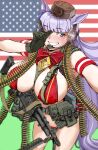  1girl :d alice_gear american_flag ammunition_belt animal_ears belt blunt_bangs bow breasts brown_hat commentary_request covered_nipples ear_covers ear_ribbon gloves gold_ship_(umamusume) green_background green_gloves grin gun hand_up happy_new_year hat headphones headset horse_ears horse_girl huge_breasts long_hair looking_at_viewer m60_(machine_gun) machine_gun nakamura_3sou one_eye_closed pillbox_hat pouch purple_bow purple_eyes purple_hair rifle smile solo standing thighs umamusume weapon 