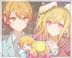  1boy 1girl animal_ears blonde_hair blue_jacket blush blush_stickers brother_and_sister chibi chibi_inset closed_eyes closed_mouth collared_shirt contrast_collar dot_nose eighth_note gradient_hair grey_shirt hair_between_eyes hands_up highres inset_border jacket long_hair long_sidelocks long_sleeves looking_at_another multicolored_hair musical_note orange_hair pink_hair pink_sweater project_sekai puff_of_air rabbit_ears raised_inner_eyebrows shirt short_hair siblings sidelocks smile sparkle spoken_musical_note sweatdrop sweater tenma_saki tenma_tsukasa tsusa179 twintails upper_body white_shirt 