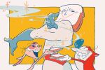  3boys blue_gloves buck_teeth cat closed_eyes commentary_request crossover cup food furry furry_male gloves highres holding holding_cup kinako_(moment) male_focus multiple_boys open_mouth orange_background pig plate powdered_toast_man ren_&amp;_stimpy ren_hoek simple_background smile sparkle steam stimpy superhero_costume teeth trait_connection yellow_background 