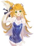  1girl absurdres animal_ear_fluff animal_ears blue_dress bow collarbone colored_inner_hair commentary_request cowboy_shot dokori765 dress dress_under_shirt green_eyes highres ju_fufu long_hair long_shirt looking_at_viewer multicolored_hair open_mouth salute see-through_clothes see-through_shirt shirt simple_background solo striped_fur striped_hair tail tail_bow tail_ornament tiger_ears tiger_girl tiger_stripes tiger_tail white_background white_shirt zenless_zone_zero 