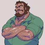  1boy alternate_hair_color arm_hair bara beard brown_hair chest_hair closed_mouth commentary_request cropped crossed_arms facial_hair fat gin241113 gundam gundam_unicorn lowres male_focus mustache pectoral_cleavage pectorals short_hair simple_background solo squinting suberoa_zinnerman 