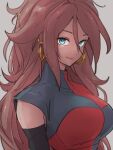  1girl android_21 blue_eyes breasts checkered checkered_dress closed_mouth dragon_ball dragon_ball_fighterz dress earrings grey_background hair_between_eyes hoop_earrings jewelry kemachiku large_breasts long_hair looking_at_viewer no_eyewear red_hair simple_background smile solo upper_body 